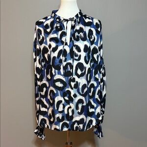 EUC Finley Blue and Black Morrisey Abstract Jungle Animal Print Blouse Top- Med